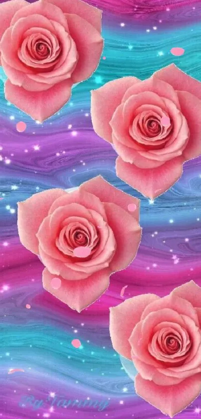 Pink roses on blue-purple swirled background wallpaper.