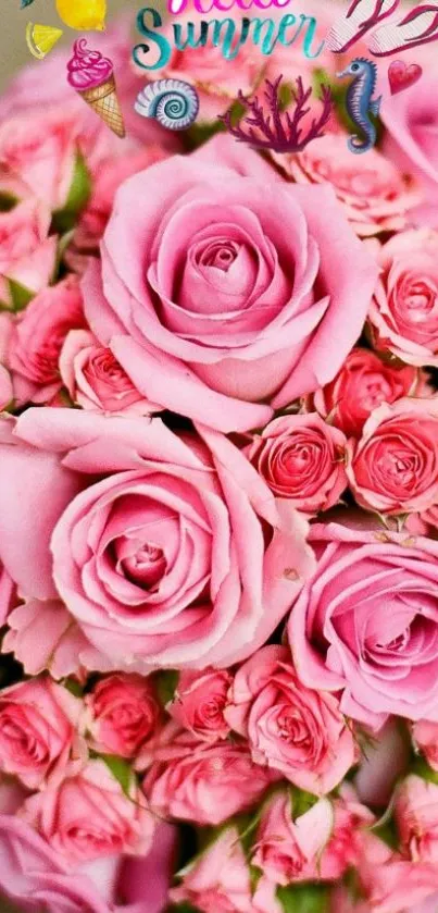 Vibrant mobile wallpaper with pink roses and summer theme.