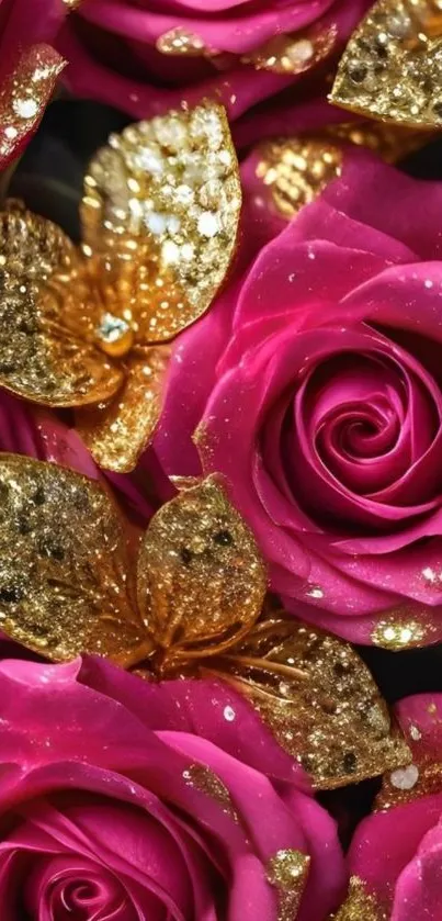 Pink roses with glittering golden leaves.