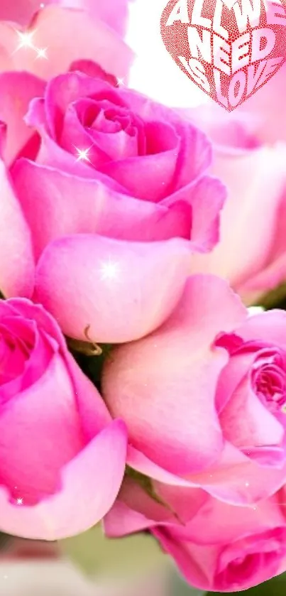 Vibrant pink roses with 'All We Need is Love' quote.