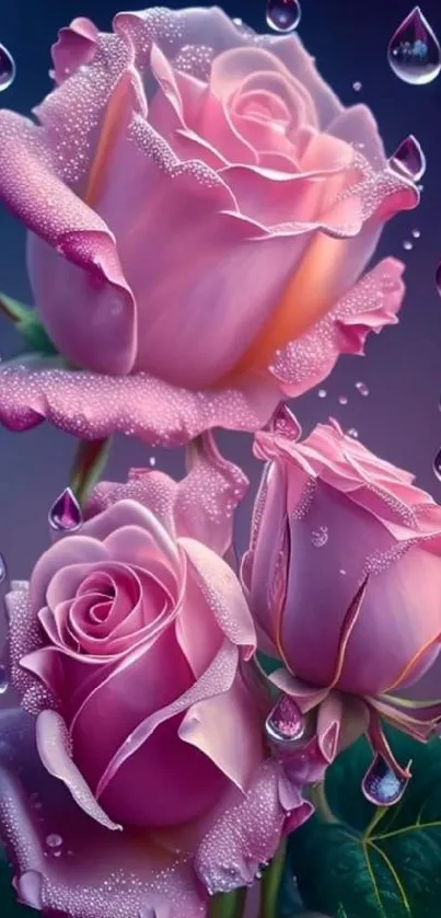 Pink roses with water droplets wallpaper.