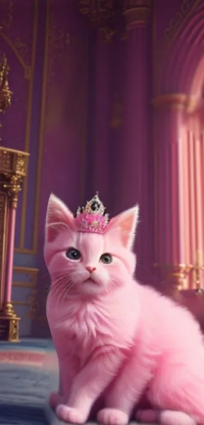 Pink cat wearing a crown in a royal palace setting.