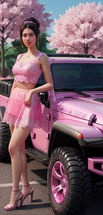 A stylish woman stands by a pink Jeep under sakura trees.