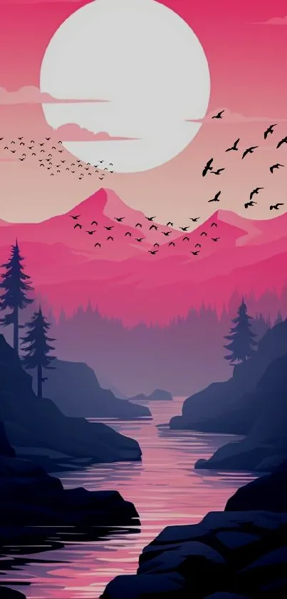 Pink mountain landscape with river and birds.