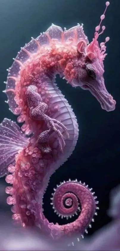 Pink seahorse fantasy art on dark background.