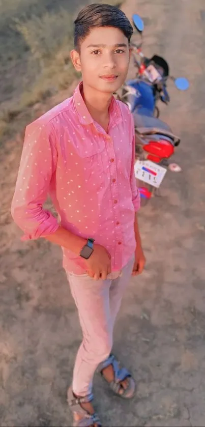 Teen in pink shirt standing beside a motorcycle on a rustic path.