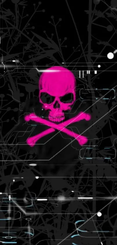 Pink skull and crossbones on digital black background.