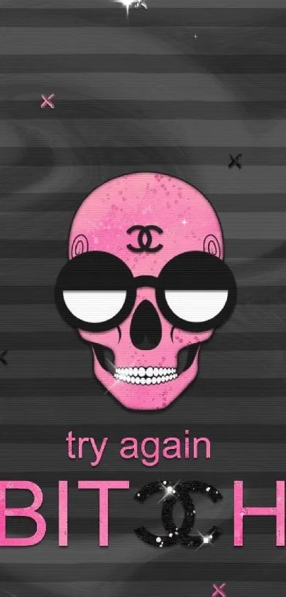 Pink skull with chic sunglasses and bold text on a striped background.