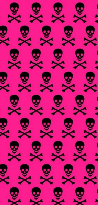 Vibrant pink wallpaper with skull and crossbones pattern.