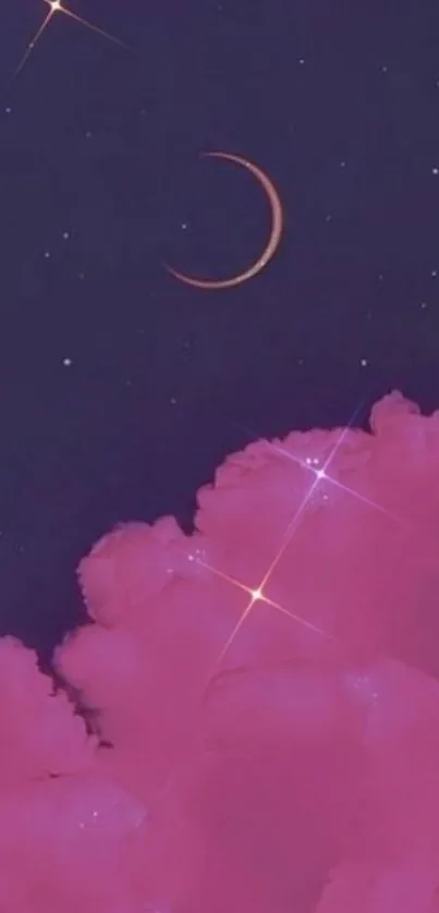 Dreamy pink clouds with crescent moon at night.