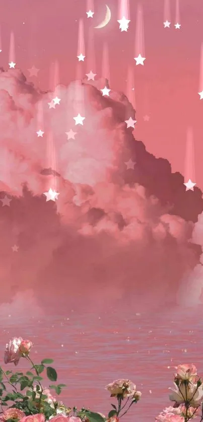 Dreamy pink clouds with roses and a crescent moon.