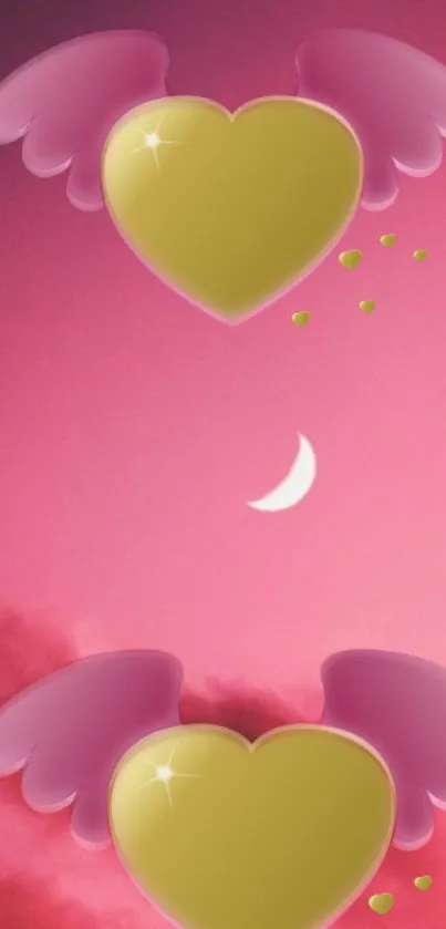 Pink sky wallpaper with golden winged hearts and a crescent moon.