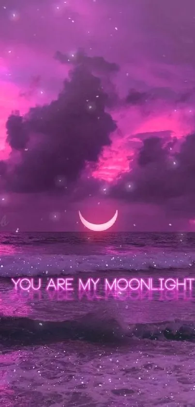 Vibrant pink sky over ocean with crescent moon and text 'You Are My Moonlight'