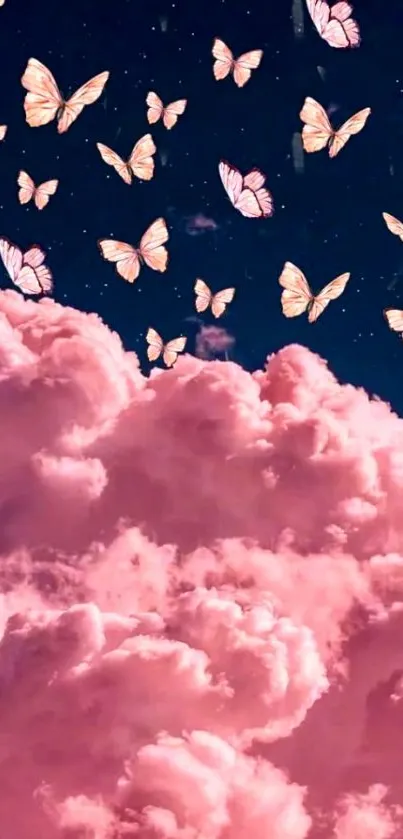 Pink clouds and butterflies under a night sky.