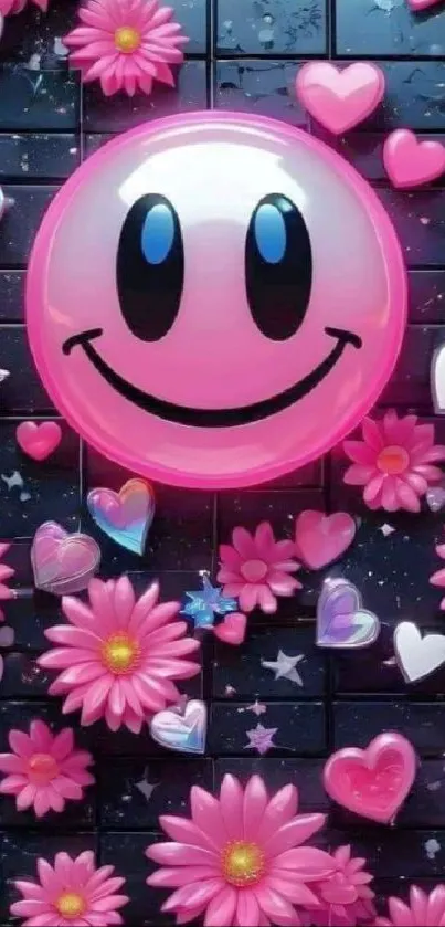 Pink smiley face with flowers and hearts mobile wallpaper.