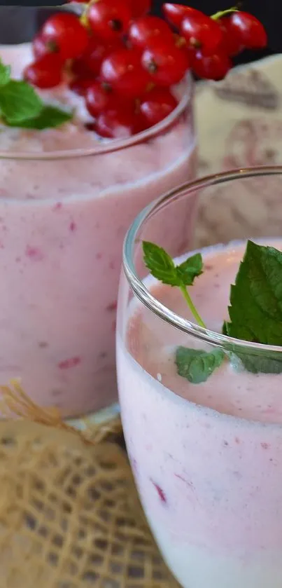 Pink smoothie with red berries and fresh mint garnish in glasses.