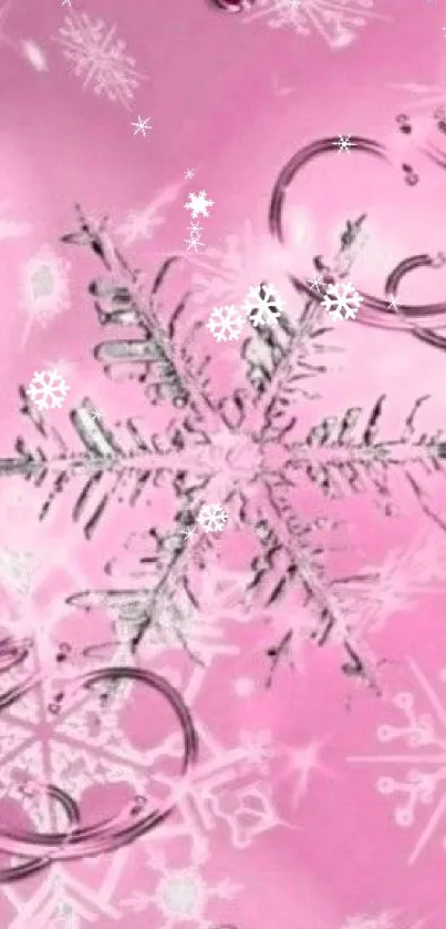 Elegant pink snowflake wallpaper with intricate silver accents.