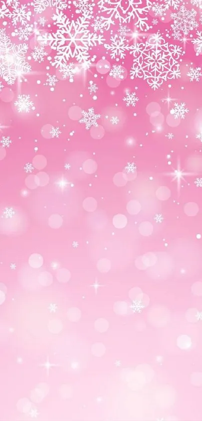 Pink wallpaper with sparkling snowflakes.