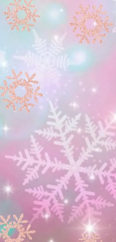 Pink snowflake wallpaper with glittering winter design.