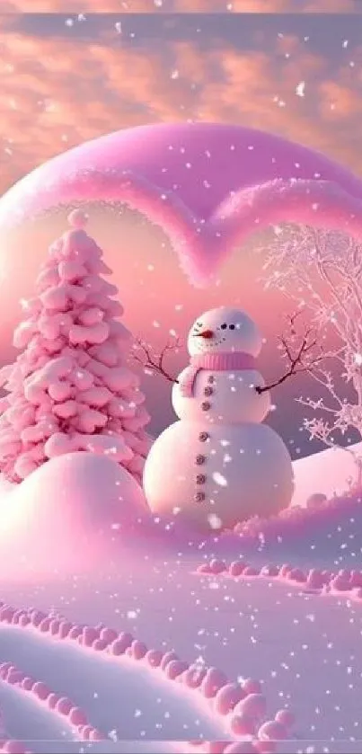 Pink snowman inside heart-shaped globe under snowy pink sky.