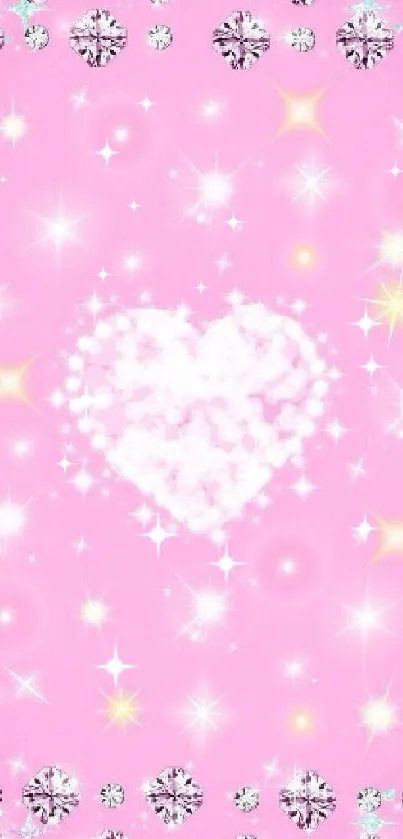 Pink heart sparkle wallpaper with jewel border and soft pink background.