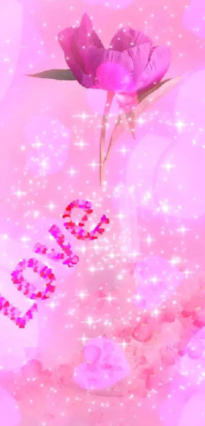 Pink love wallpaper with flowers and sparkle effects.