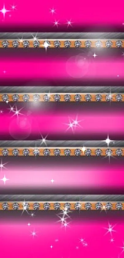 Vibrant pink wallpaper with sparkling shelves and silver diamonds.