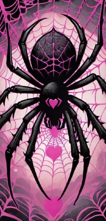 Black spider on pink web with heart details