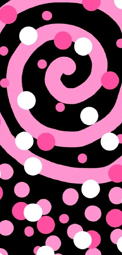 Mobile wallpaper with pink spiral and white dots on a black background.