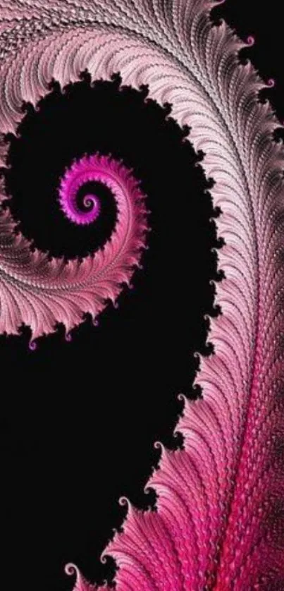 Mesmerizing pink spiral fractal design on black background.