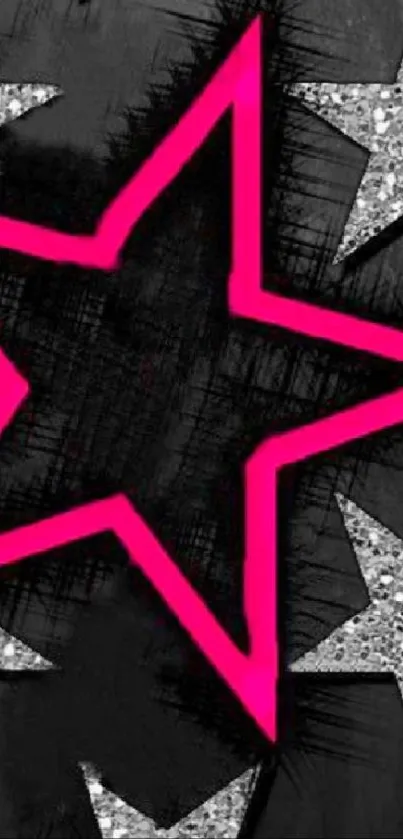 Bold pink star on a black and silver starry background wallpaper.