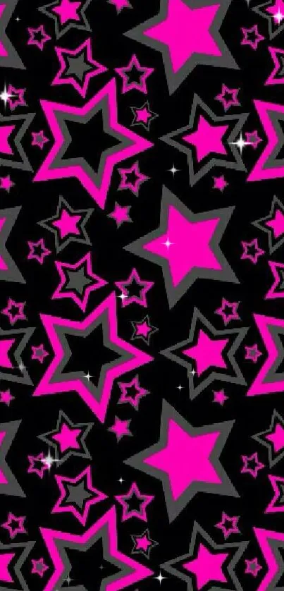 Vibrant pink star pattern on a black background wallpaper.