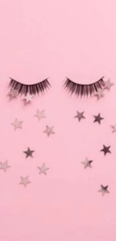 Pink background with black lashes and silver stars.