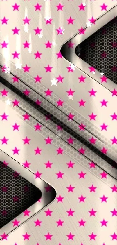 Mobile wallpaper with pink stars and metallic design.