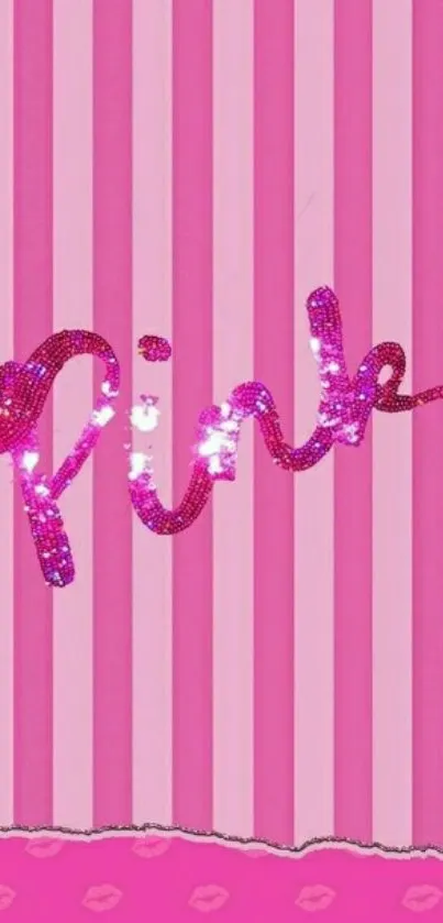 Pink wallpaper with stripes and sparkling glam lettering.