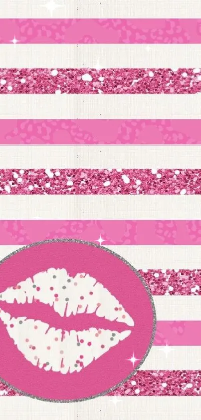 Pink and white striped wallpaper with glittery lips design.