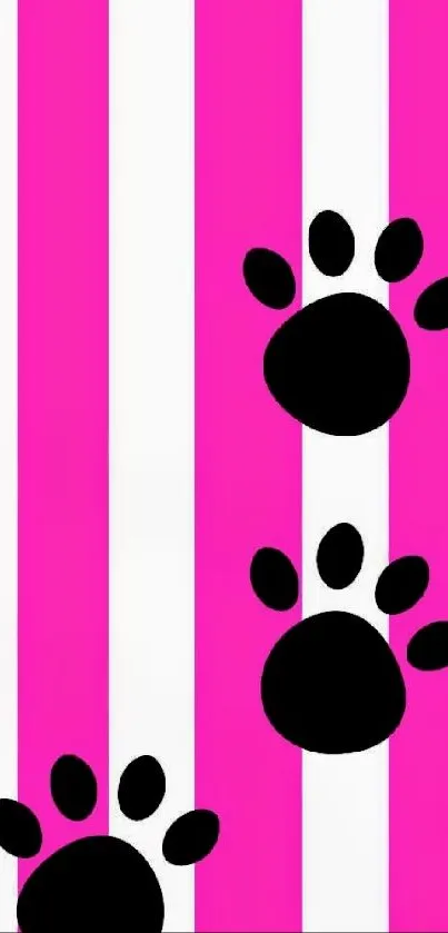 Pink striped wallpaper with black paw prints for mobile.