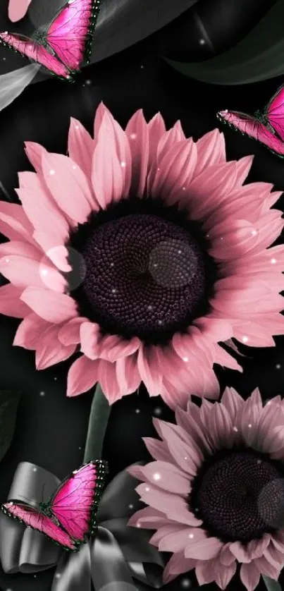 Pink sunflowers and butterflies on dark wallpaper.