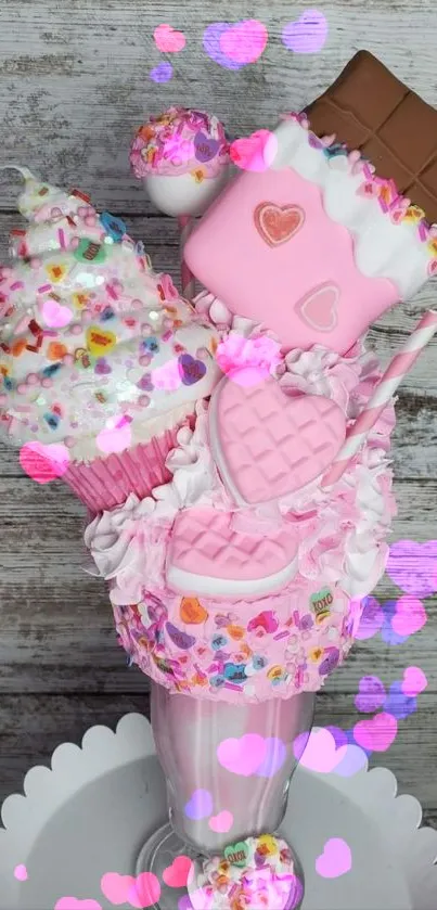 Pink dessert-themed wallpaper with sweets, chocolate, and vibrant pastel colors.