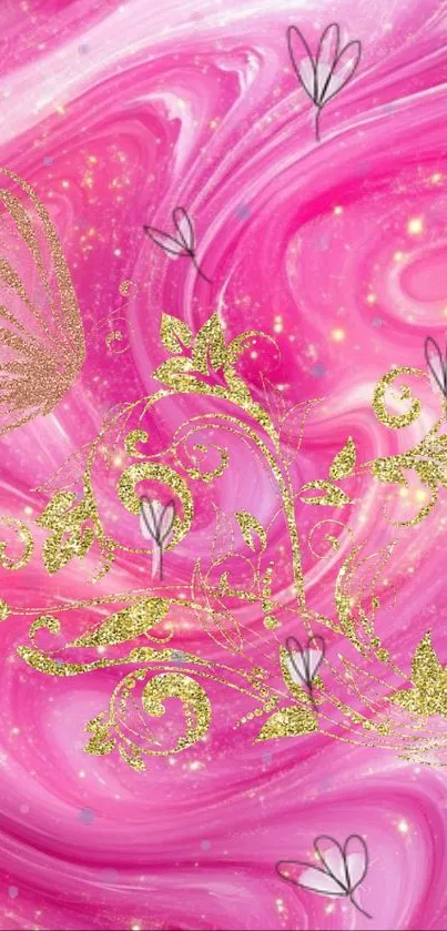 Pink swirling wallpaper with glitter accents and floral design.