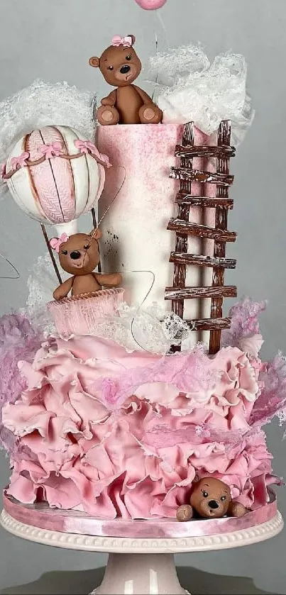 Pink cake with teddy bears and artistic flair.