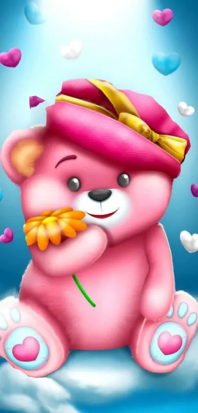 Cute pink teddy bear with a flower and floating hearts.