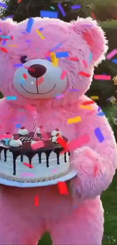 Pink teddy bear holding birthday cake with confetti.
