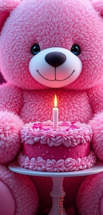 Adorable pink teddy bear with a birthday cake.