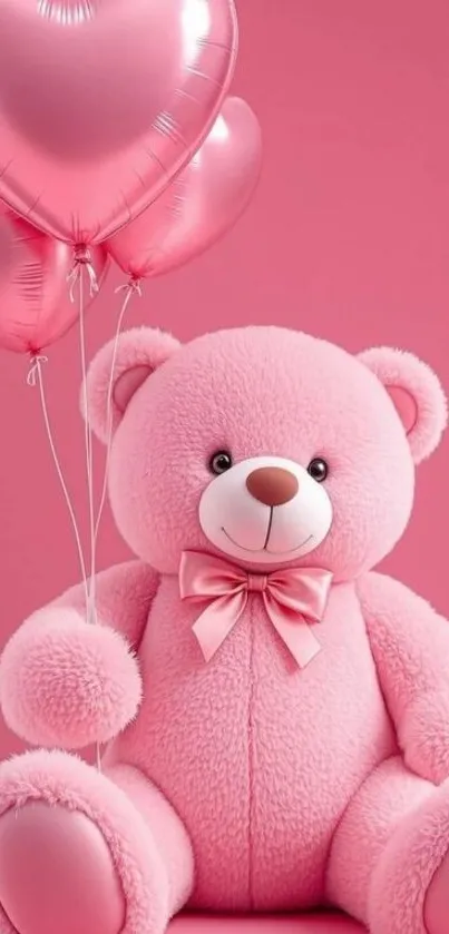 A pink teddy bear with heart-shaped balloons on a soft pink background.