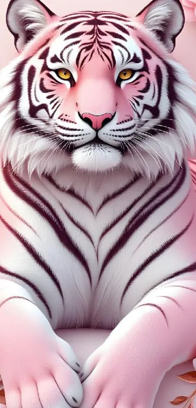 Artistic pink tiger with floral design in vibrant wallpaper.
