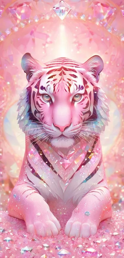 Fantasy art of a pink tiger amidst sparkling details.