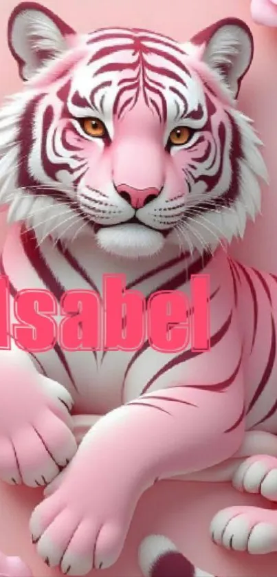 Pink tiger illustration with floral accents on a mobile wallpaper.