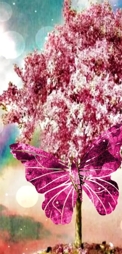 Pink tree and large butterfly on colorful mobile wallpaper.