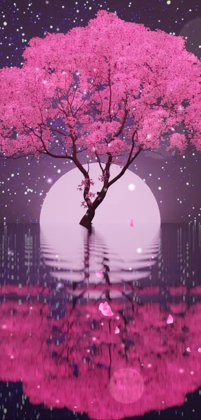 Pink tree reflecting in water under a starry night sky.